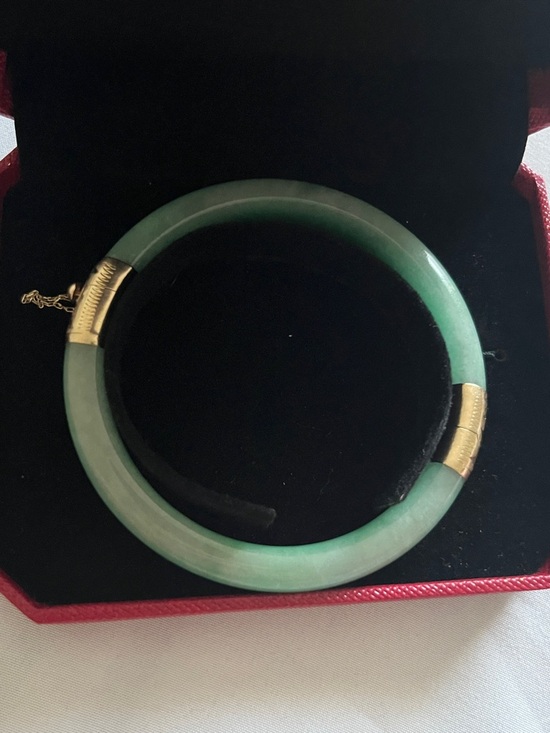 Jewelry - Chinese green jade hinged bangle bracelet often featuring 14K yellow gold
